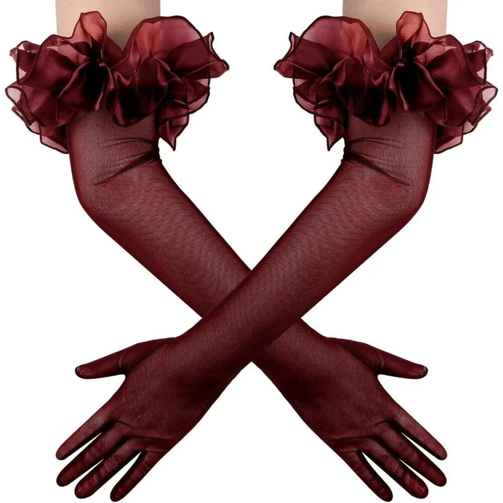 Women's Long Burgundy Ruffle Puff Cuff Sleeve Mesh Gloves Wedding Party Costume